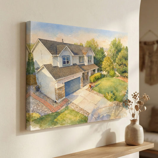 Custom Home Watercolor Art Canvas - Sky High Gallery