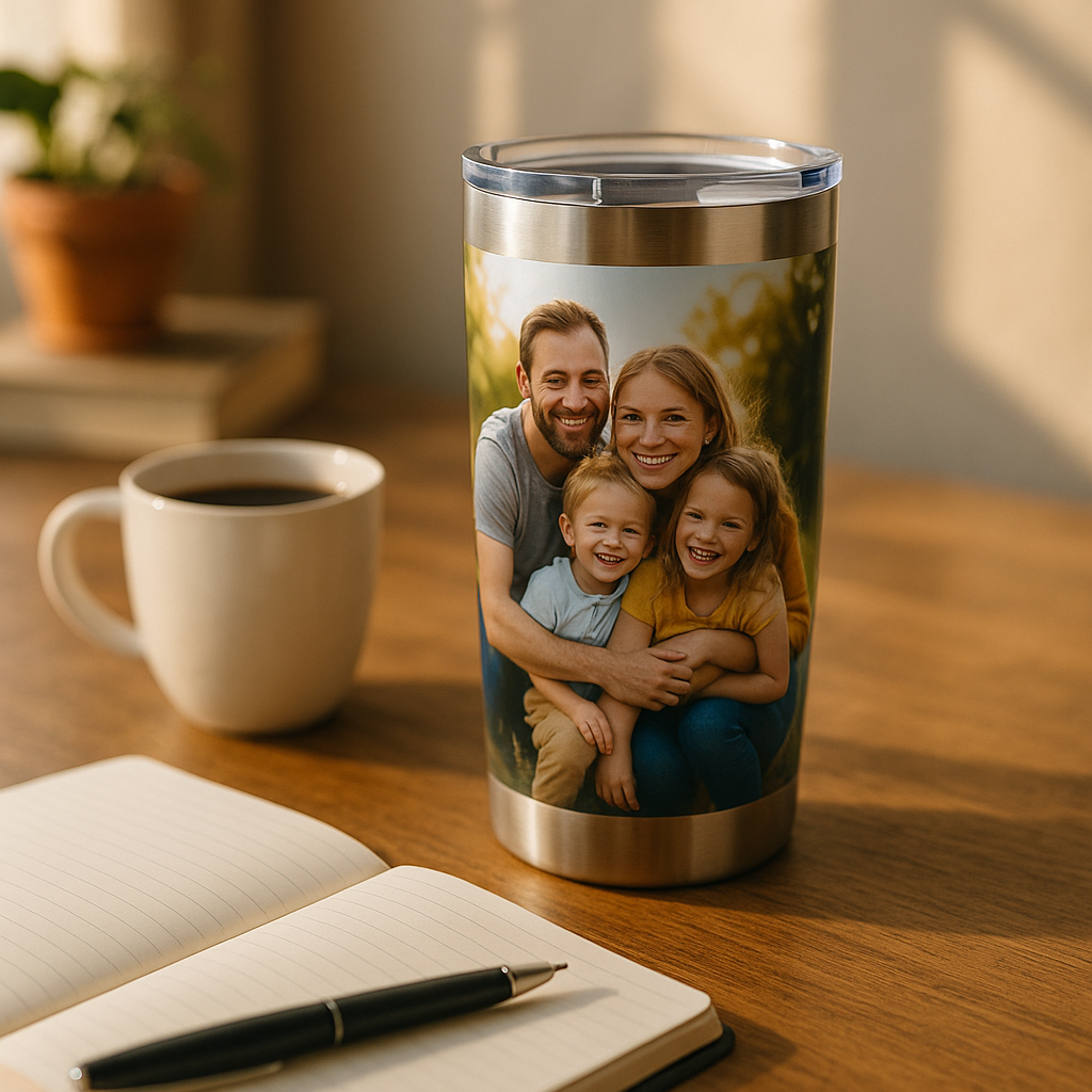 Custom photo tumbler with family picture on wooden desk