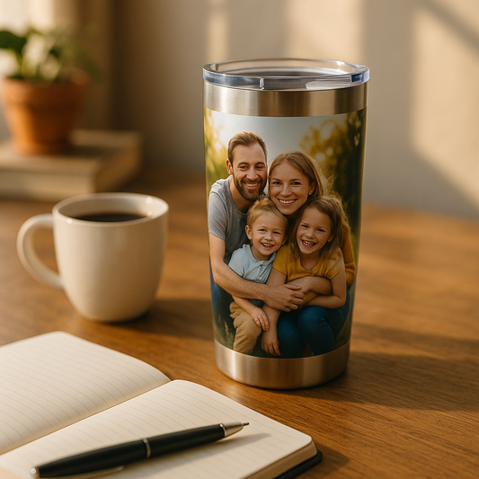 Custom photo tumbler with family picture on wooden desk