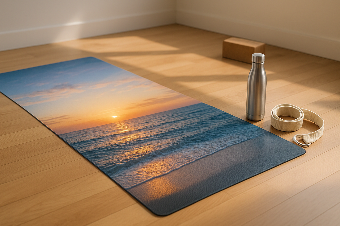 Custom photo yoga mat with full-bleed landscape image on studio floor, close-up texture