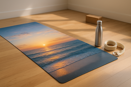 Custom photo yoga mat with full-bleed landscape image on studio floor, close-up texture