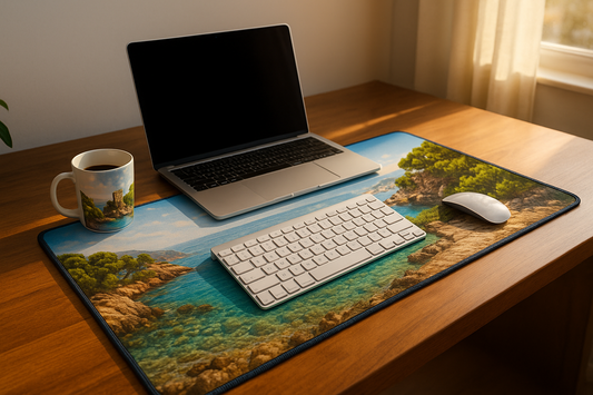 Custom photo desk mat on modern wood desk with matching mug, soft morning light.
