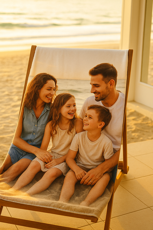 Custom photo body towel featuring a family beach memory printed in vivid color