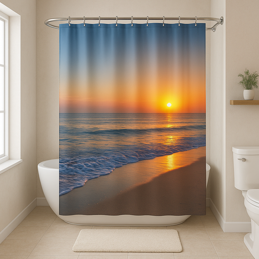 Custom photo shower curtain with beach sunrise printed in vibrant color