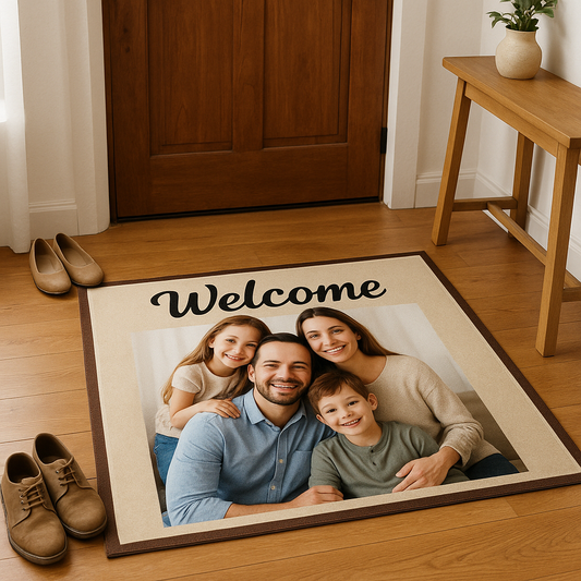 Custom photo floor mat with family portrait in modern entryway