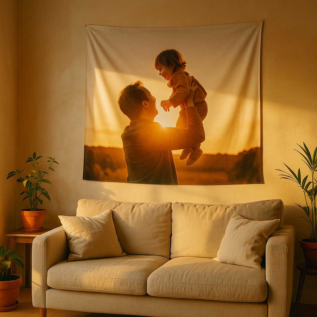 Custom photo tapestry on living room wall, soft natural light, inspirational wall decor