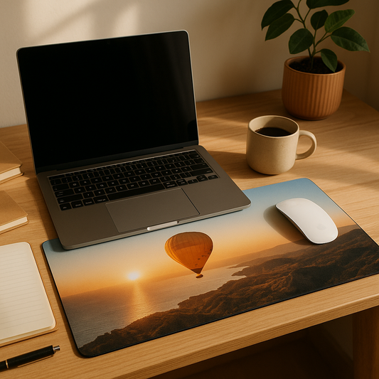 Custom photo desk mat with travel memories on modern workspace