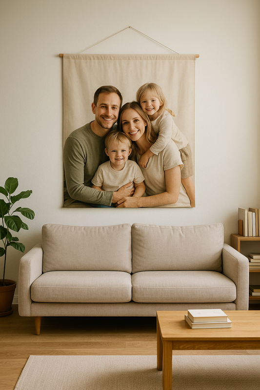 Custom photo tapestry hanging above a sofa in natural light, matte fabric texture visible
