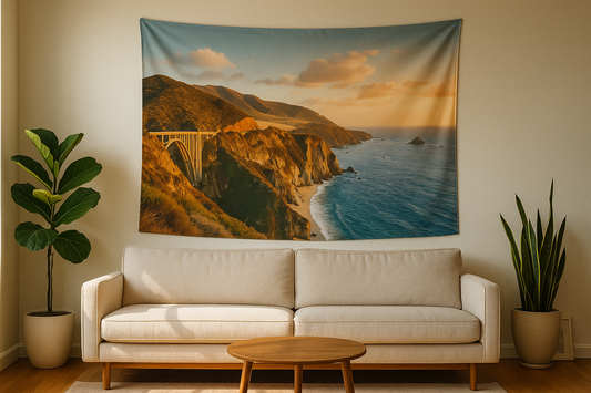 Custom photo tapestry above sofa — large landscape print, warm neutral living room