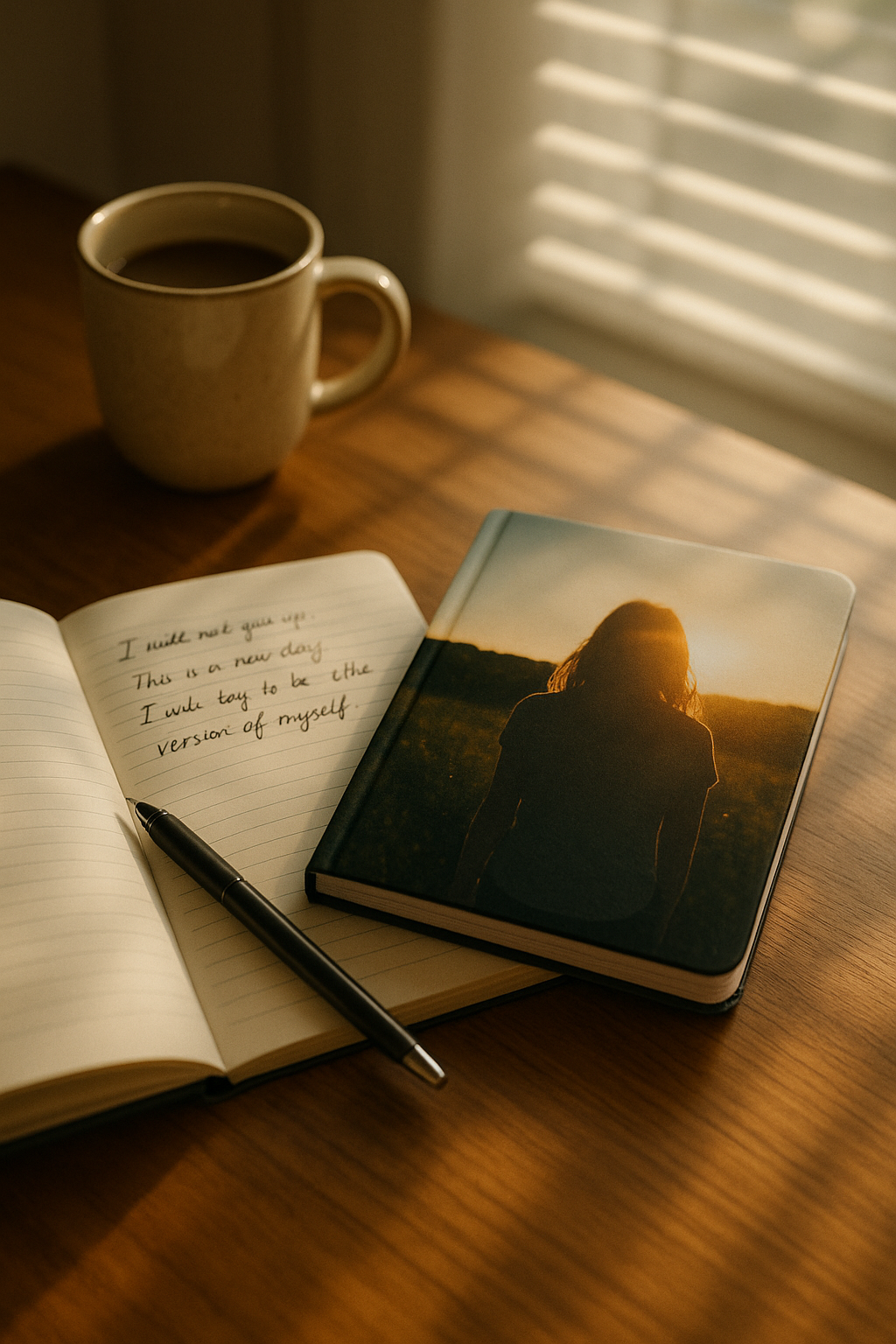 Custom photo notebook on desk with soft morning light and handwritten journal notes.