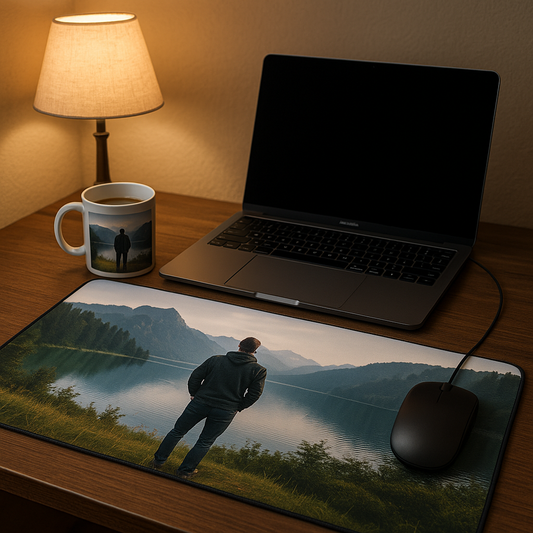  	1	Custom photo desk mat on workspace with motivational photo and laptop