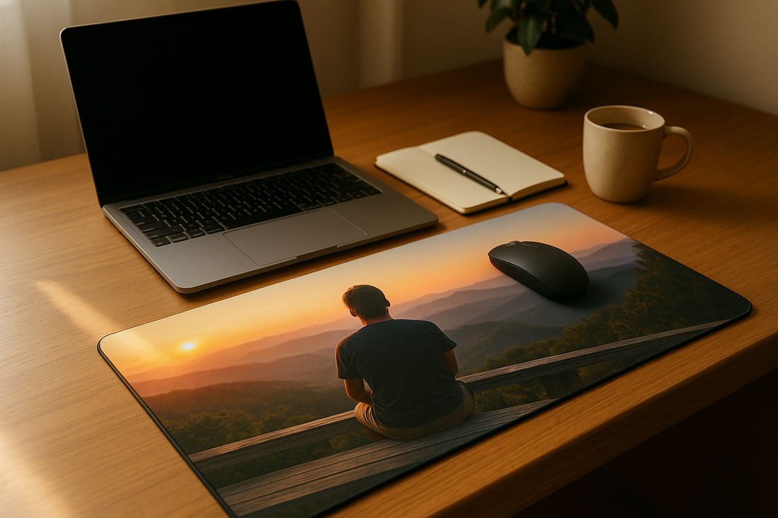 Custom photo desk mat with motivational workspace setup