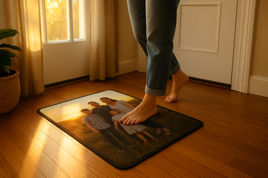 Custom photo floor mat featuring family photo in cozy entryway
