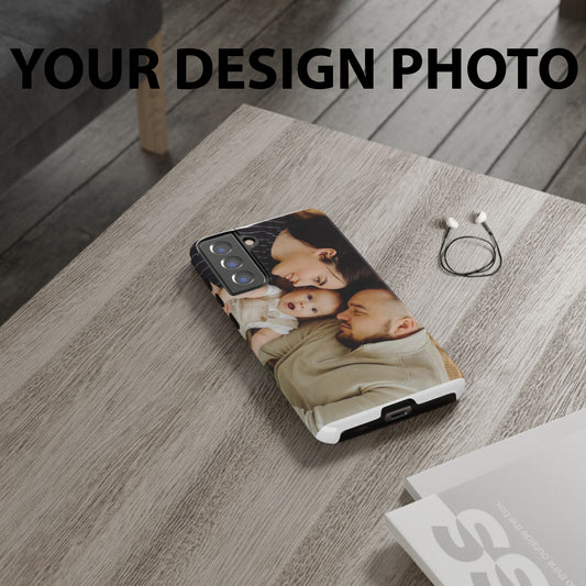 A custom protective phone case for Samsung Galaxy with a personalized photo print of two individuals.