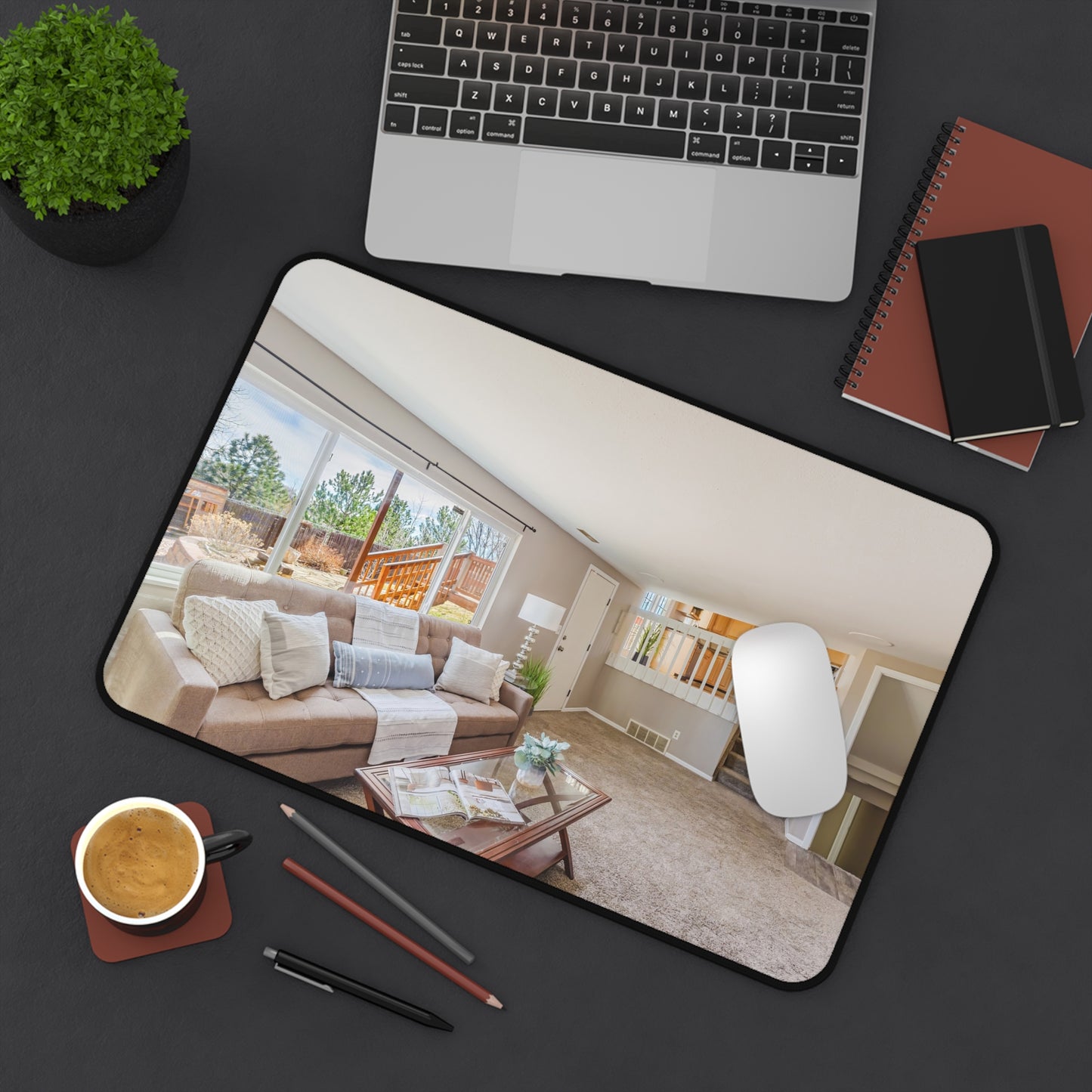Real Estate Office Desk Mat | Staged Living Room Interior Photo